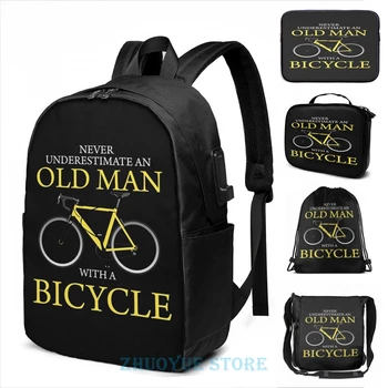 

Graphic print Never Underestimate Old Man With Bicycle USB Charge Backpack men School bags Women bag Travel laptop bag
