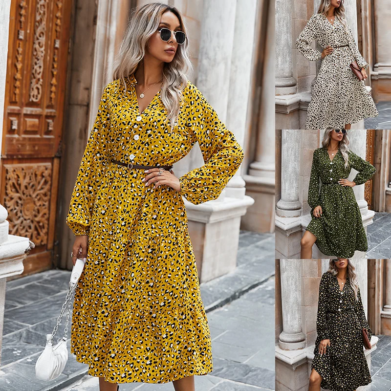 

New Product Women's Printed Dress High Waist Long Sleeve Boho Style Polka Dot Leopard Print Women Europe And America
