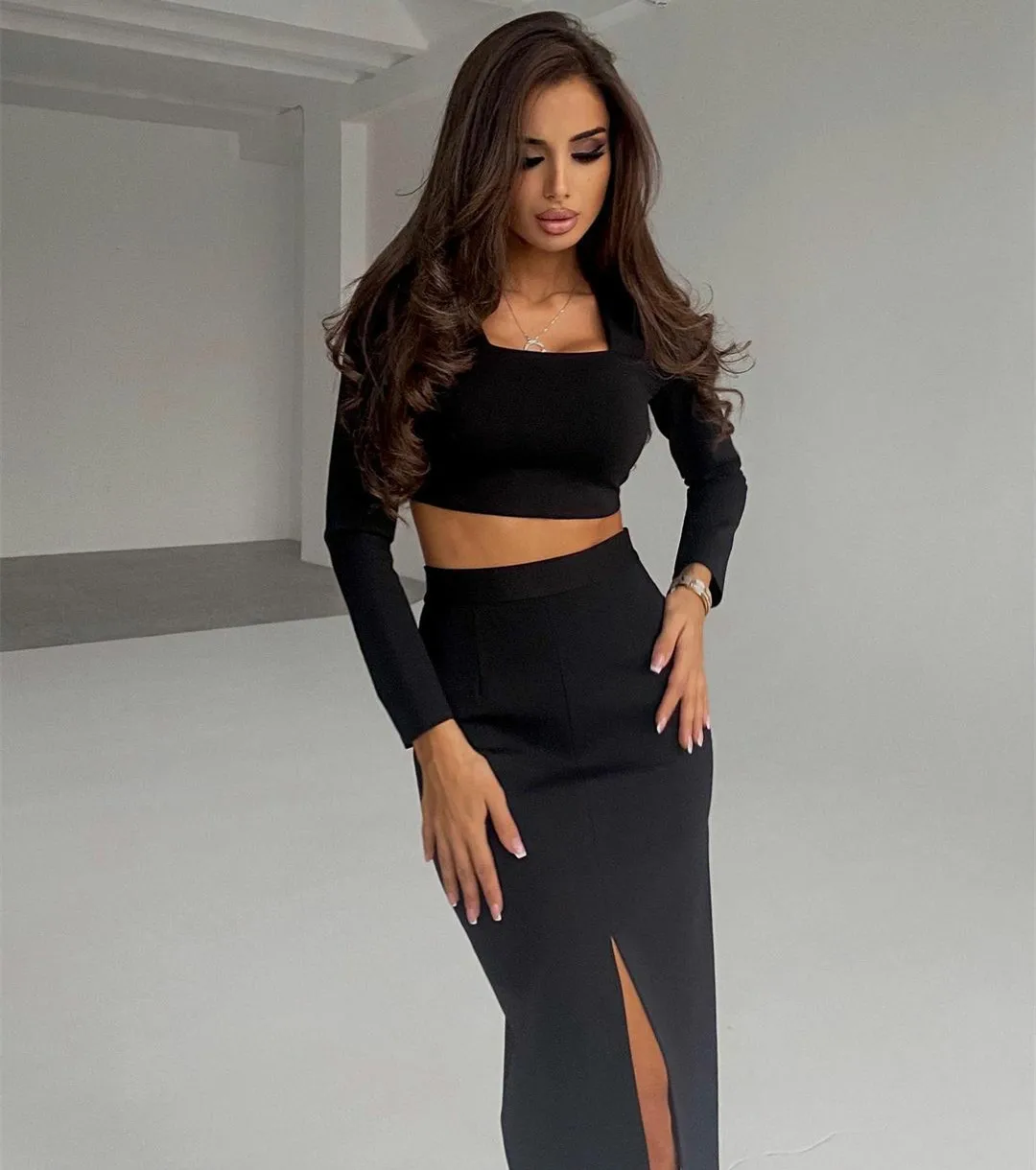 

Short Square Collar Black Evening Dresses Two Pieces Style Prom Gown Robes de soirée Tea Length Party Dresses Вечерние платья