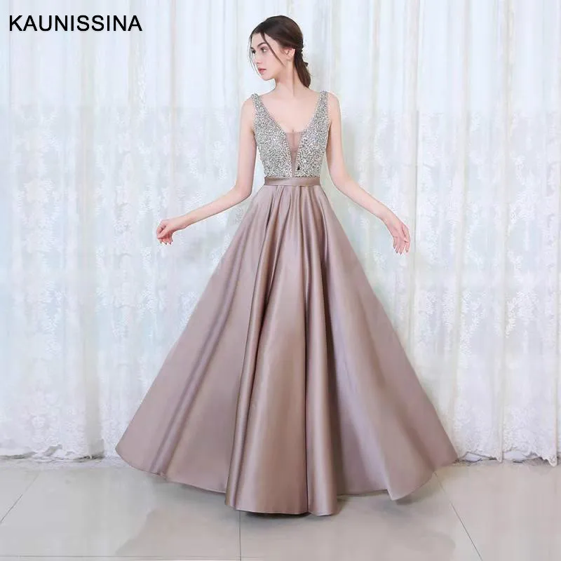 

KAUNISSINA Long Evening Dress V-Neck Beads Sequins Open Back A Line Party Elegant Vestido De Festa High Quality Prom Gowns