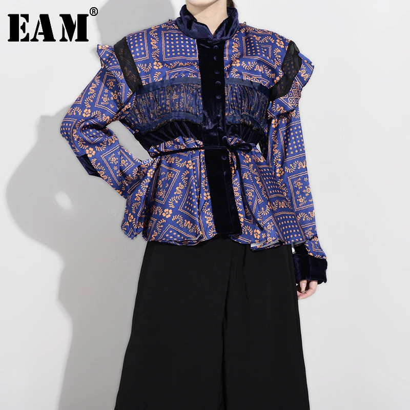 

[EAM] Women Pattern Print Ruffles Temperament Blouse New Stand Collar Long Sleeve Loose Fit Shirt Fashion Autumn 2019 JY7821