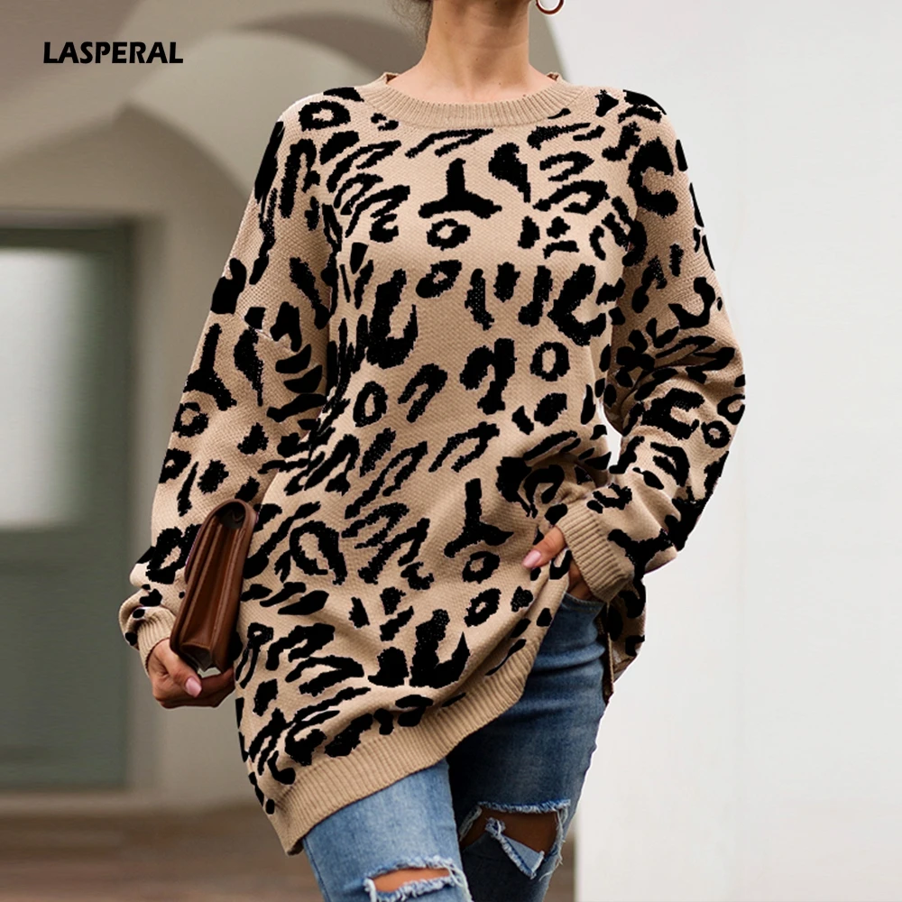 LASPERAL 2020 Leopard Knitted Sweater Winter Print Long Sleeve Female Pullovers Casual Loose Sweaters | Женская одежда