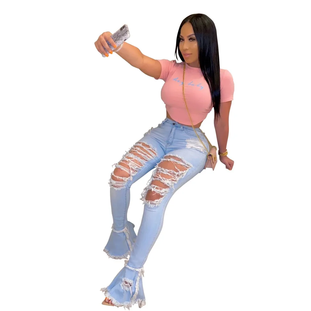 2020 Summer Denim Pants Women Retro Solid Sexy Hole Jeans Ripped Flare Trousers Street Skinny High Waist Lady Pants (1)