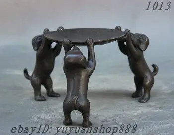 

Folk Chinese Pure Bronze Zodiac Animal 3 Dog Candlesticks Menorah Plate Statue