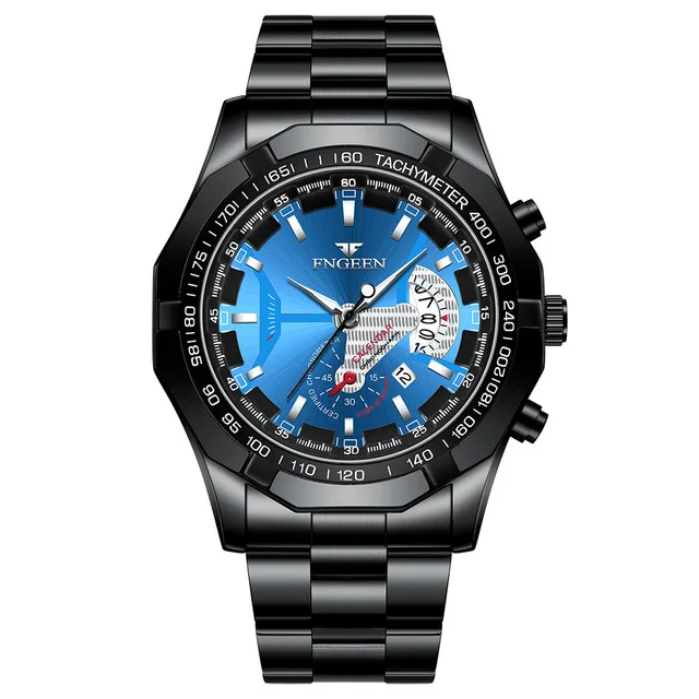 FNGEEN Luxury Men's Watches Stainless Steel Band Fashion Waterproof Quartz Watch For Man Calendar Male Clock Reloj Hombre S001 s001-7