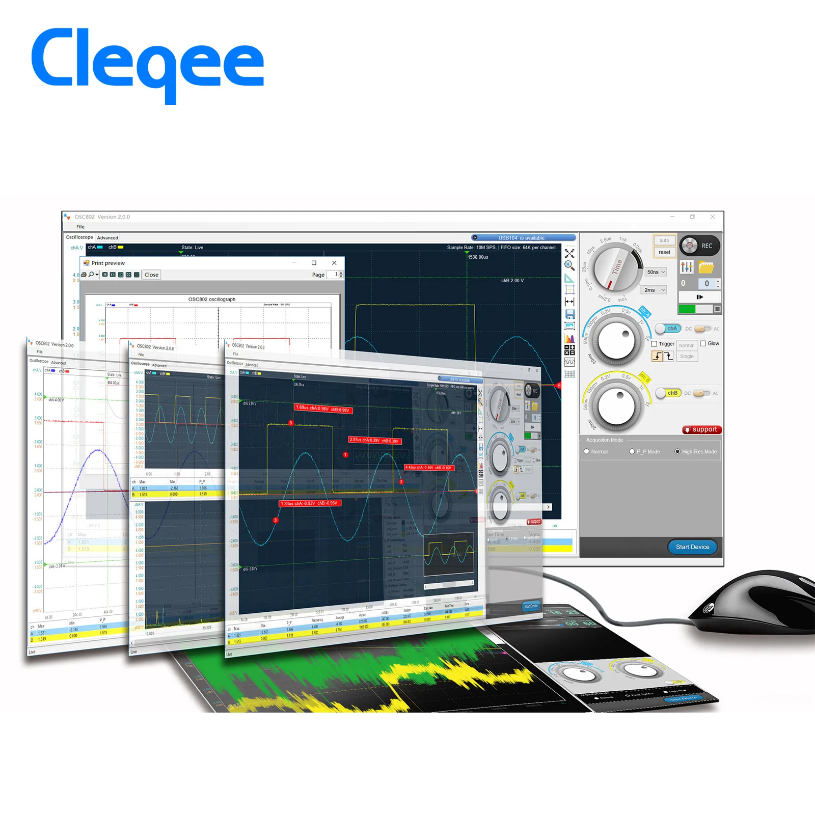 Cleqee C520 Series Android&PC Virtual Digital Handheld Oscilloscope Connect 2 Channel Bandwidth 20Mhz/50Mhz Sampling Data 50M/1G