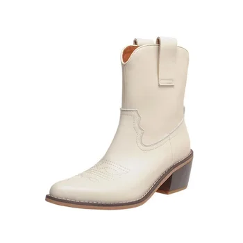 

Autumn 2020 and Winter Pointed Toe Women's Ankle Boots Retro Western Chelsea Boots High Heel Boots Embroidered Chunky Heel