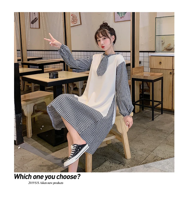 Spring Maternity Dress Long Lantern Sleeve Bow Collar Plaid Patchwork Cotton A-Line Dress Pregnant Women Linen Dress Sweet