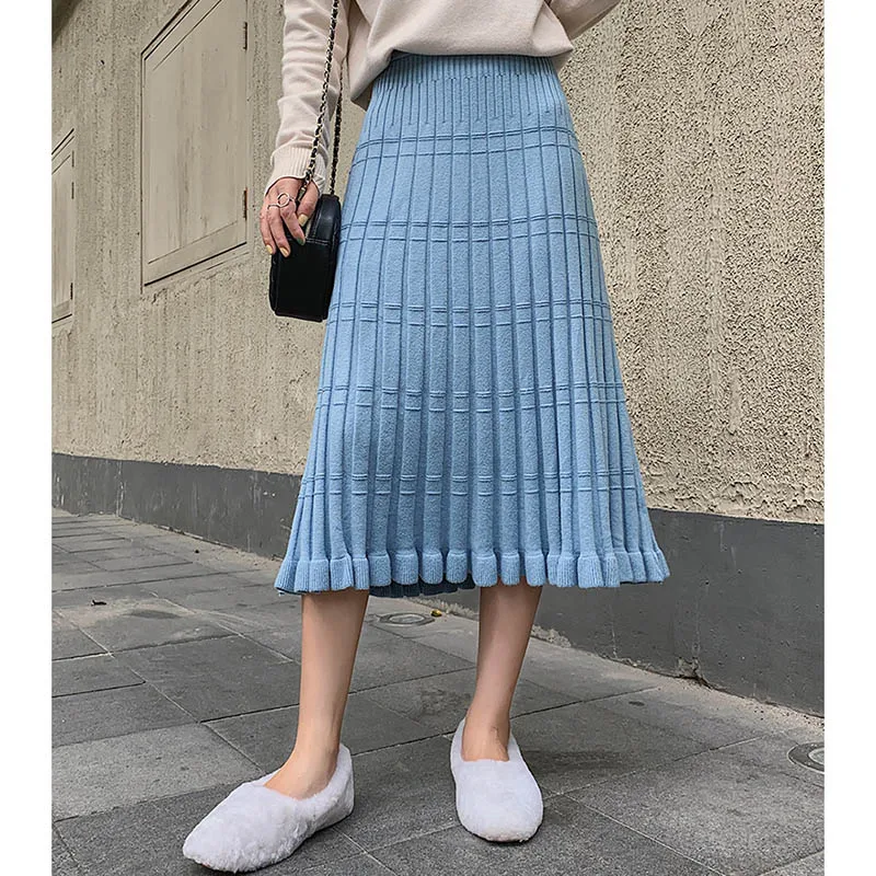blue long skirt Корейские длинные юбки женские Осень Зима Высокая талия трикотажная плиссированная юбка Женская Harajuku плюс размер юбка jupe femme - Цвет: blue long skirt