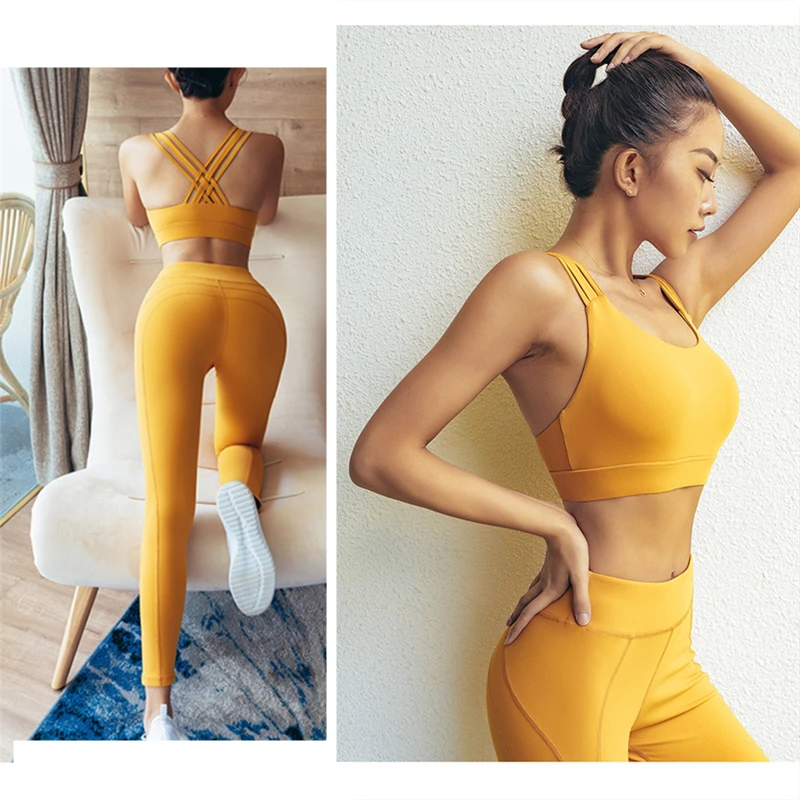 Oyoo 2 шт. желтый yoga комплект slim fit jogging femme спортивные костюмы Ремешками Спортивный Топ для бега одежда пикантные тренировочная одежда для женщин