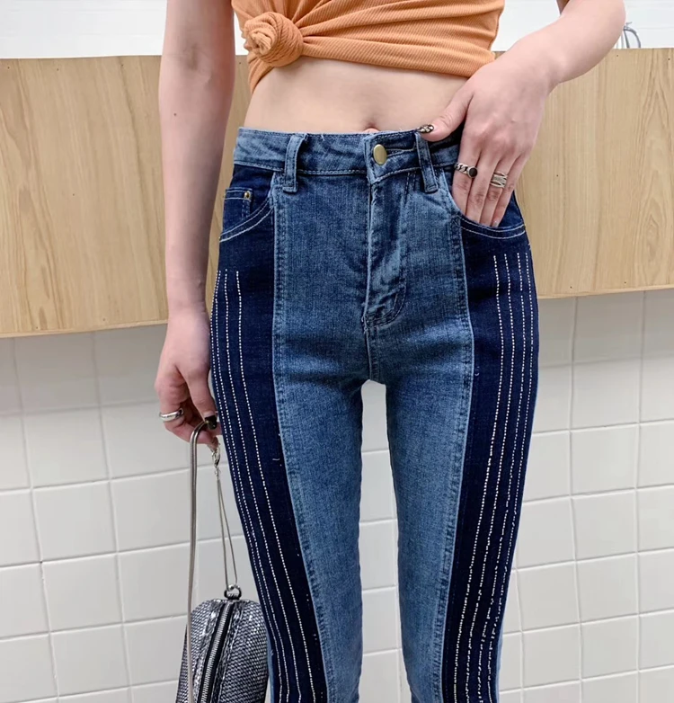 Heavy work hot drilling contrast color jeans womenspring and autumn new high waist tight skinny feet ankle length pencil jeans