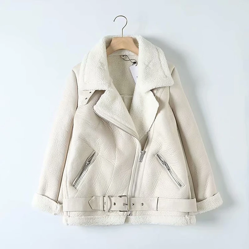 Осенне-зимняя теплая куртка из искусственной кожи с поясом, Женская однотонная куртка на молнии, повседневная плотная тонкая шерстяная куртка из овечьей шерсти, женская верхняя одежда
