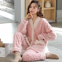 

Flannel Pajamas Set for Women Winter Thick and Warm Cute Cardigan Kimono Coral Fleece Home Service Women's Pajamas Sleepwear