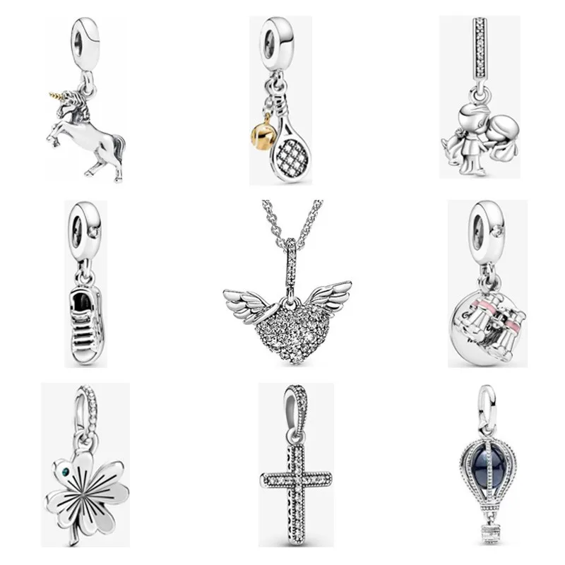 

925 Sterling Silver Exquisite Unicorn Tennis Racket Hot Air Balloon Love Wing Pendant Charm Fit Pandora Bracelet Diy Jewelry
