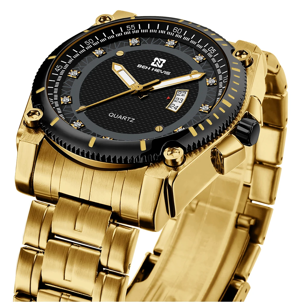 BEN NEVIS Luxury Brand Bussiness Quartz Movement Men's Wristwatch Black or Gold Stainless Steel Watch Strap Automatic Calendar