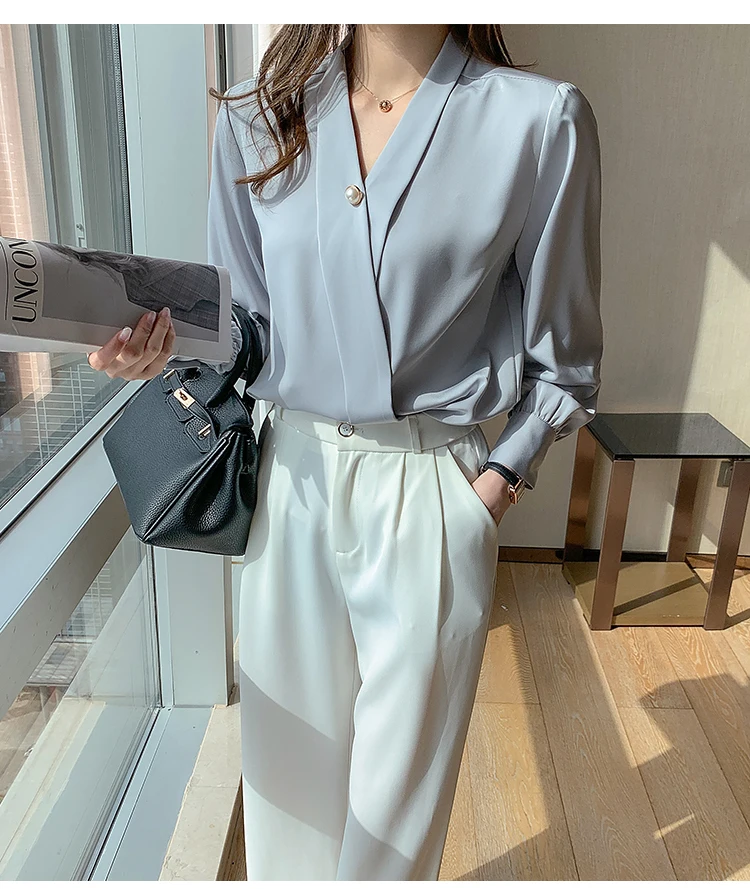 New V-Neck Silk Shirts Women Pullover Short Sleeve Summer Tops 2021 Button Women Blouses Satin Clothing Office Lady Solid Blouse