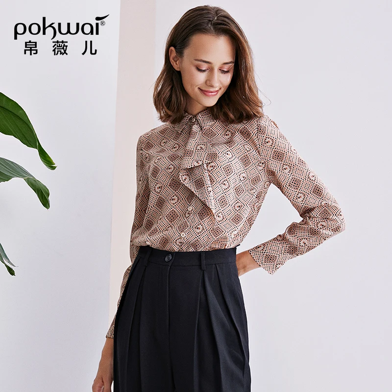 

POKWAI women spring wear blouses 100% silk long sleeve elegant print top shirts
