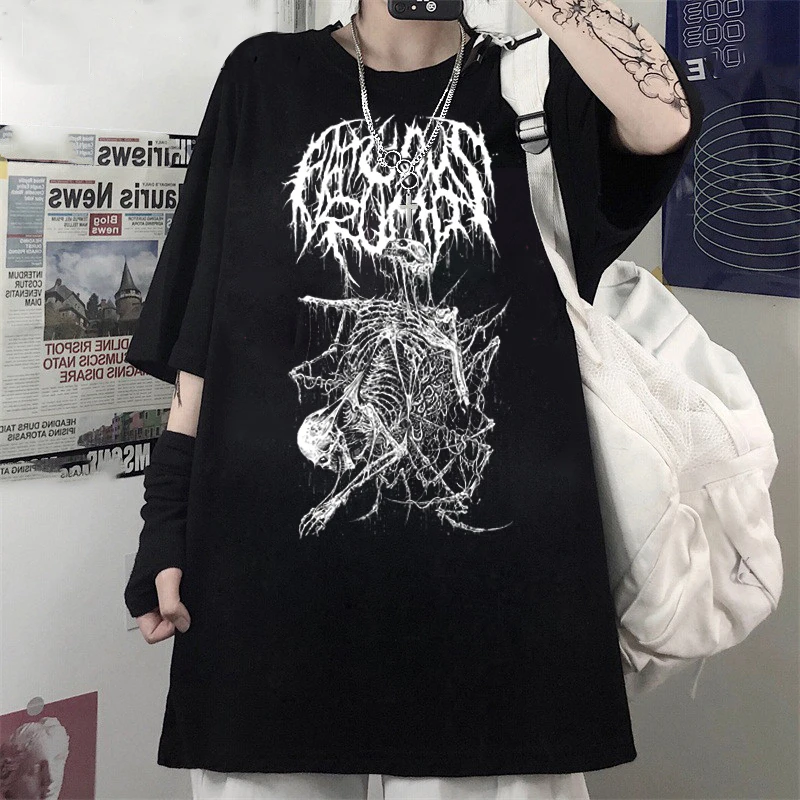 Summer Goth Female Horror Skull Loose men and womenT-shirt Punk Dark Grunge Streetwear gothic Top T-shirts Harajuku y2k clothes white t shirt for men