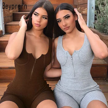 

Beyprern Stretchy Unitard Knit Ribbed Bodycon Playsuit Casual Zipper Biker Shorts Lounge Wear Fitness Rompers Womens Jumpsuit