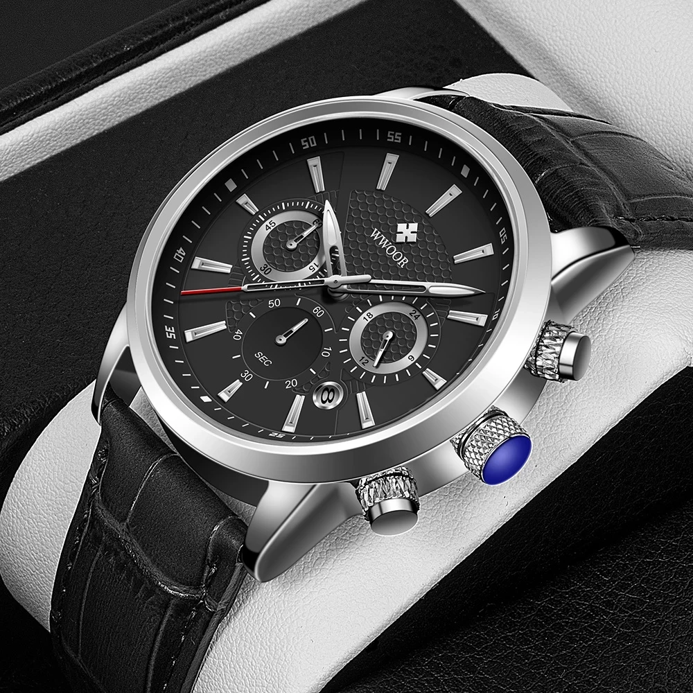 WWOOR Top Brand Men Leather Watches Calendar Chronograph Sport Clock Waterproof Men Quartz Luxury Wristwatches Relogio Masculino