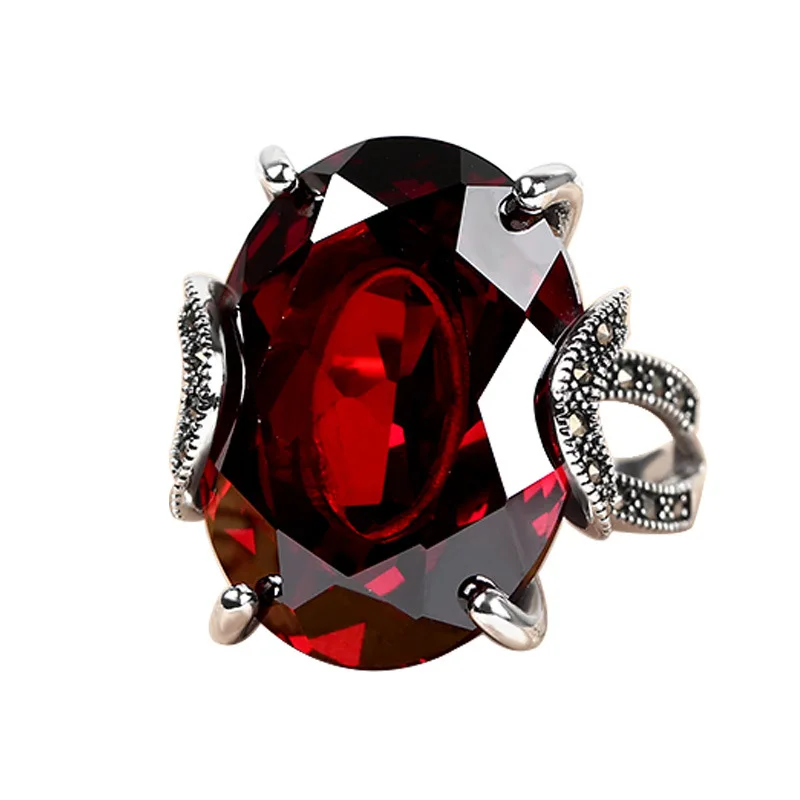 

JSH Thai Fine Silver Retro Garnet Adjustable Ring Thai Silver Fashion Glorious Adjustable Forefinger Ring Women's