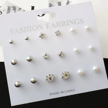 

Simple European and American cross-border pearl earrings and crystal round 9 piece set of stud set wholesale
