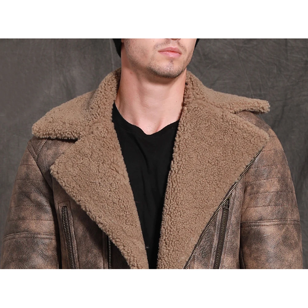 Мужская зимняя меховая овчина коричневого цвета утепленная одежда из