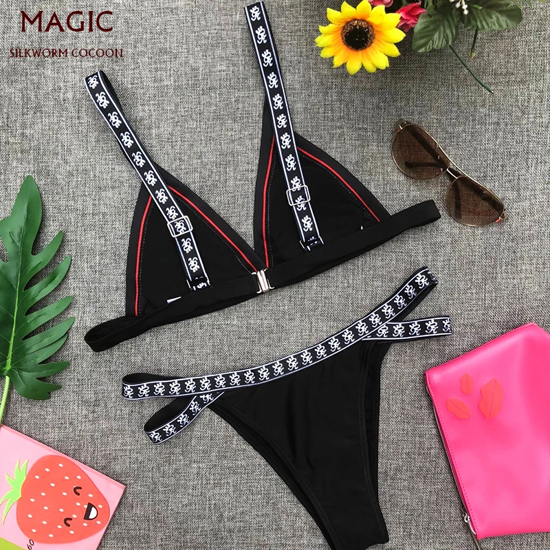 Printed Patchwork Swimsuit Women Bikini Set Sexy Swimwear Female Separate Solid Black High Waist Swimming Suit maillot de bain |