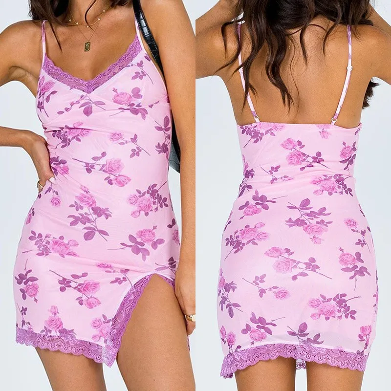 2020 New Lace Tight Tight Split Sexy Backless V-neck Mesh Strap Dress Boho Sundress Ladies Summer Slim Dress Clothing сарафан