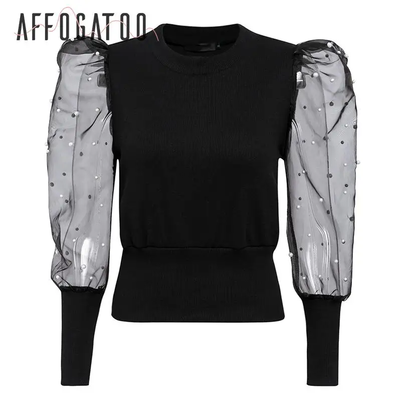 Goedkoop Affogatoo Elegante parel mesh witte blouse shirt vrouwen Bladerdeeg mouw vrouwelijke gebreide top overhemd Casual herfst feestkleding dames tops