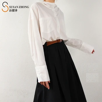 

Women Shirts Female Blouses Tops Long Sleeve Normcore-Minimalist Hooded Solid Pockets Cotton Slit Sidecasual