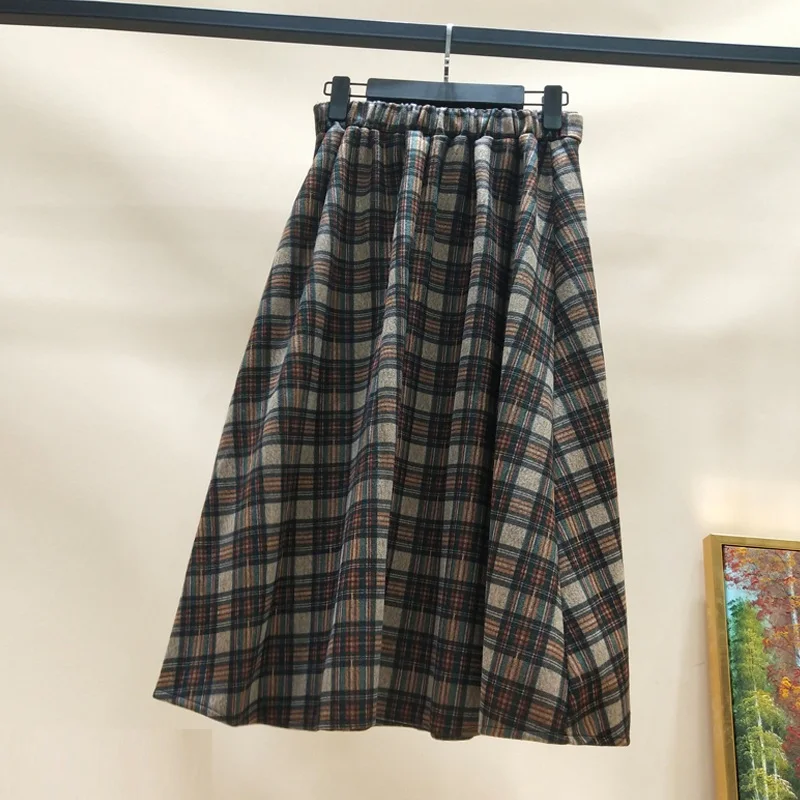 Autumn Winter High waist umbrella skirt a word skirt wild waist woolen female Flared new poncho skirt Plaid Long skirt