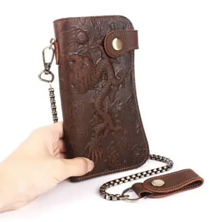 dragon emboss Винтажный Мужской органайзер из натуральной кожи с рисунком даргона тигра, чековой книжки, кошелек на железной цепочке, кошелек для мужчин, клатч, сумочка - Цвет: dragon emboss