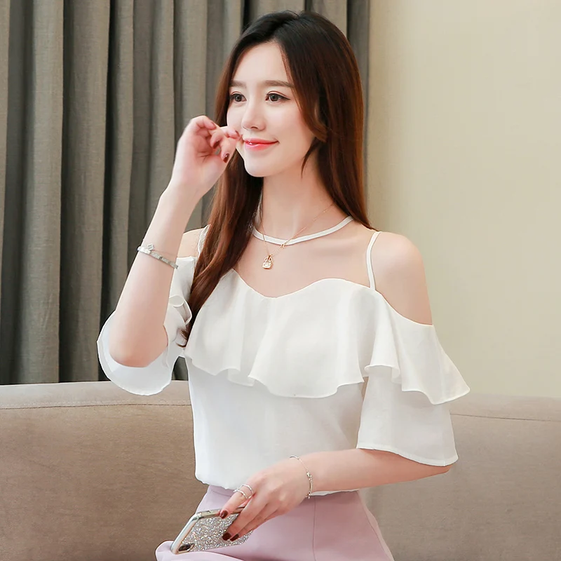 Korean Fashion Chiffon Blouses Women Ruffles Shirt Plus Size Tops Woman Short Sleeve Blouse Mesh Top Blusas Mujer De Moda 2020