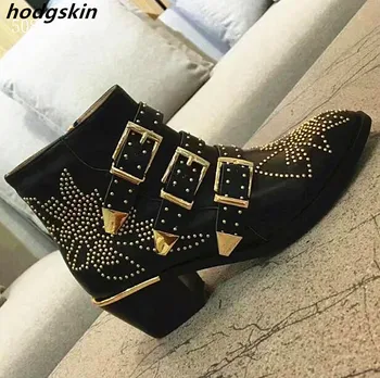 

Black Red Leather/Suede Floral Rivets Studded Three Buckles Women Ankle Boots Flats Zipper Strappy Shoes Woman Zapatos De Mujer