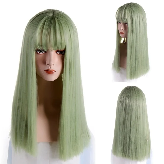 VICWIG Synthetic High Temperature Fiber Long Straight Wigs for Women Purple Gray Green Cosplay With Bangs Natural Hairpieces green