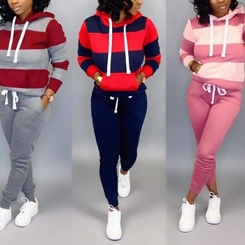 

Fadzeco 2019 Autumn Tracksuit Long Sleeve Pullover Hoodie Patchwork stripe Sweatshirt Casual Sport Suit 2 Piece Set Tracksuit