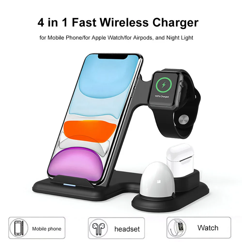 FDGAO 4 in 1 Wireless Fast Charging Stand 10W Qi Charger for iPhone 11 XS XR X 8 Apple Watch 5 4 3 2 1 Airpods Samsung S10 S9 S8