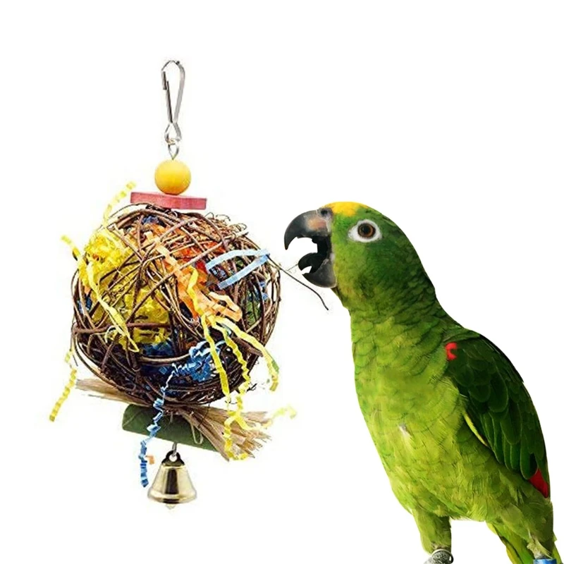 Parrot Shredder Paper Toys Hanging Rattan Ball Bird Bite Chewing Toy with Bells for Budgie Cockatiel Cage Accessories