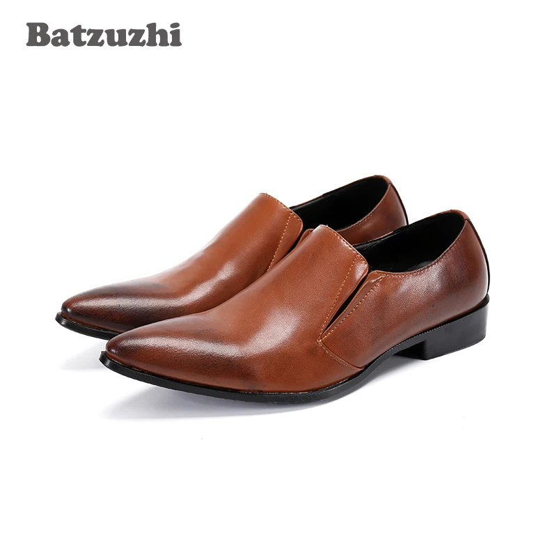 

Batzuzhi Handmade Men's Leather Shoes Pointed Toe Brown Genuine Leather Oxford Shoes for Men's Business Chaussures Hommes,EU46