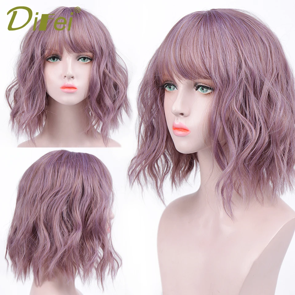 DIFEI 1" синтетические короткие волнистые смешанные фиолетовые парики с челкой для женщин афроамериканские женские термостойкие парики из волокна