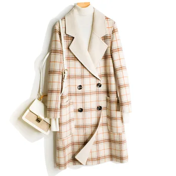 

Hand-stitched Double-sided Women's Cashmere Coat 2020 Winter New Temperament Check Woolen Coat Mid-length Double Breasted L960