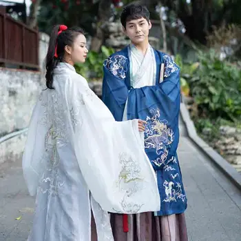 

Chinese Traditional Hanfu Men&Women Couples Cosplay Costume Embroidery Blue&White Hanfu Jacket For Men&Women Plus Size 3XL