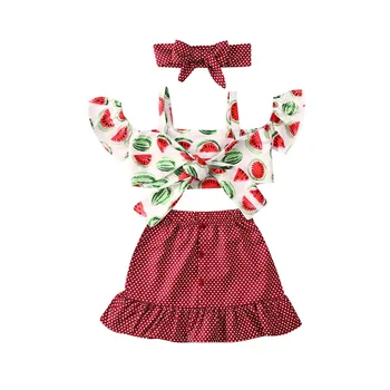 

Baby Summer Sets Girls Clothes Set Off Shoulder Watermelon Print Crop Tops Mini Skirts Headband Girls Clothing Sets