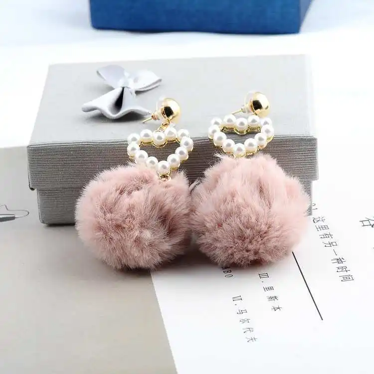 Rabbit Fur Ball PomPom heart Earrings for Women Unique Soft Pom tiny stimulate pearl Earring Jewelry Cute Christmas Gift | Украшения и