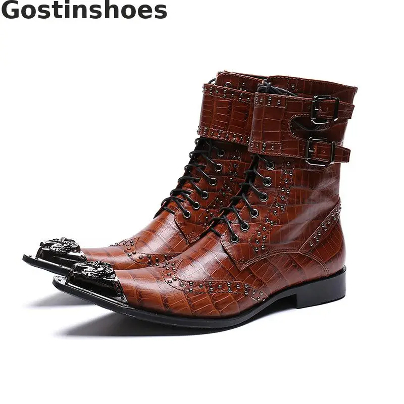 

Luxury Fashion Men Winter Boots Brown Genuine Leather Crocodile Pattern Printed Metal Cap Toe Men Boots Lace-up Buckle Straps