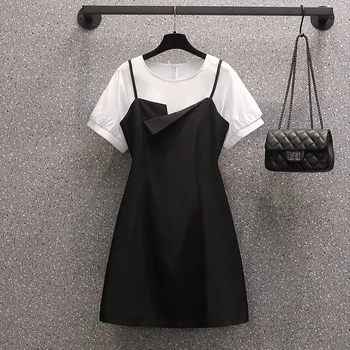 

Plus Size Women's 2020 Summer New Korean Fat Sisters Foreign Style Loose Shirt Wild Suspenders Dress Two-piece Suit Women's Set