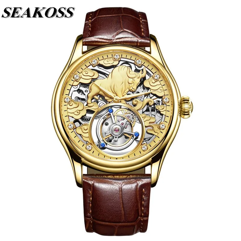 

Chinese 12 Zodiac Cow Men's Skeleton Tourbillon Watch Hand Wind Movement Men Tourbillon Mechanical Watches Sapphire Glass Clock