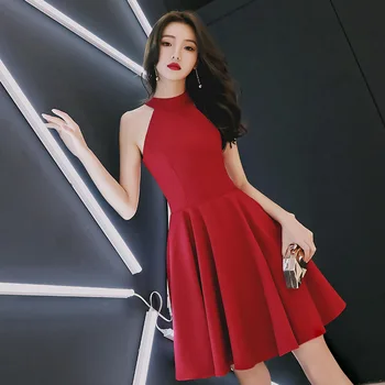 

Dark Red Womens Halter Short Party Dress Sleeveless Fashion Wedding Banquet Elegant Prom Ball Gown Retro Vestido XS-XXL
