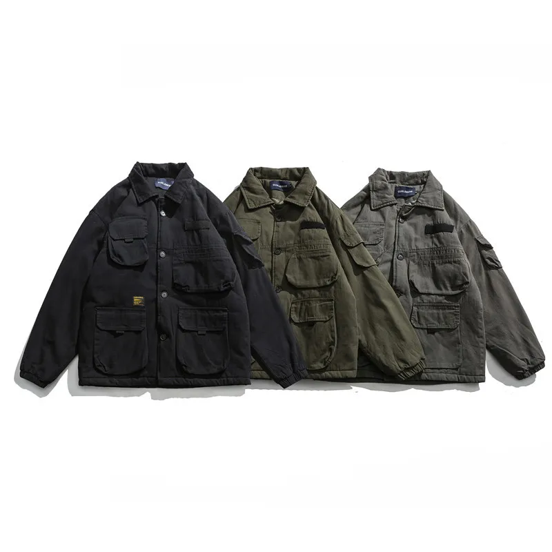 Зимняя Новинка, японский стиль, ретро оснастки Хлопчатобумажная Куртка мужская брендовая повседневная обувь с несколькими карманами твердый цвет Теплая хлопковая куртка